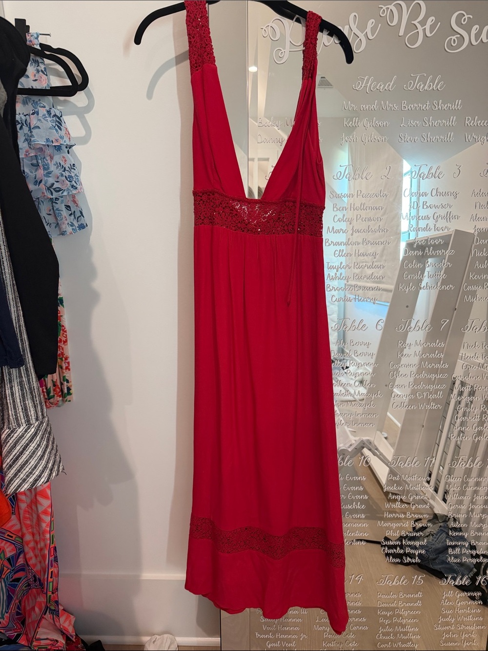 MAJORELLE Red V-Neck Maxi Dress with Lace Trim